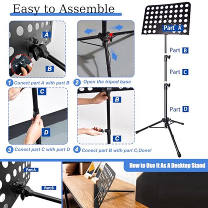 Sheet Music Stand with Light & Phone Holder, 57" Music Stand for Sheet Music High Stability, Height Adjustable Music Sheet Stand with Carrying Bag, Portable Music Book Holder (33-57inch) - size: 33-57inch