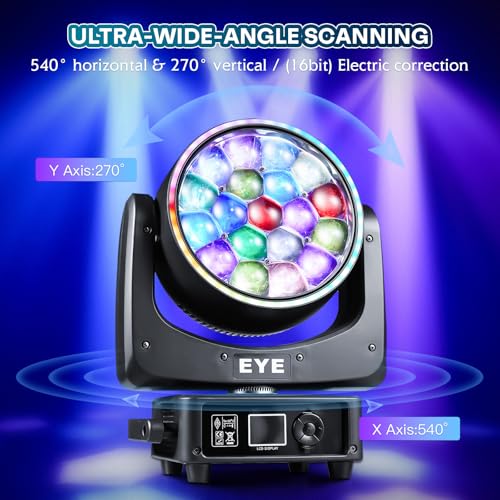 Zoom Moving Head DJ Light 19x25W RGBW Bee Eye LED Stage Lights Beam Wash Halo 8000K DMX 512/Sound/RDM Professional DJ Lighting for Party Live Show Wedding