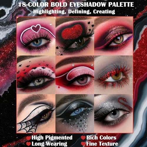 Black Red Goth Smokey Eyeshadow Palette Makeup-18 Colors Gray Silver Pink Burgundy Matte Shimmer Metallic Dark Eye Shadow Pallet for Christmas Halloween Clown Vampire Joker SFX Cosplay Costume Make Up - color: 03# Spookiness