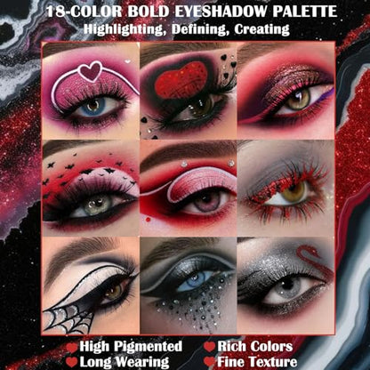 Black Red Goth Smokey Eyeshadow Palette Makeup-18 Colors Gray Silver Pink Burgundy Matte Shimmer Metallic Dark Eye Shadow Pallet for Christmas Halloween Clown Vampire Joker SFX Cosplay Costume Make Up - color: 03# Spookiness