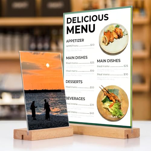 newnewshow 5"x7" Acrylic Sign Holder with Wood Base Wood Sign Holder Vertical or Slant Back Display for Store Office Wedding (3pack)