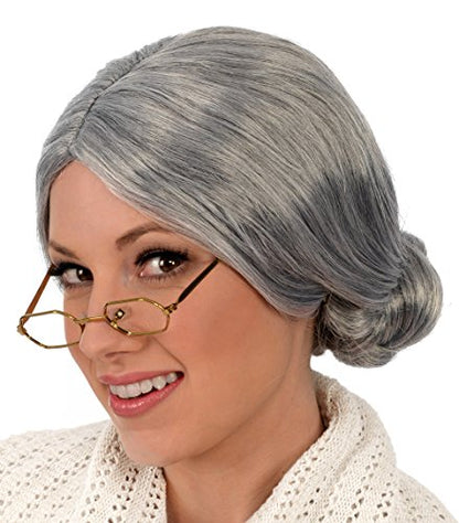 Kangaroo Grey Old Lady Wig with Bun for Adult Women - Old Lady Costume Wig Grandma & Mrs Claus Cosplay - Synthetic Elderly Hair Gray Wigs for Women for Halloween Party - Theater Dressup Accessory | Old Lady Costume Wig Grandma & Mrs Claus Cosplay - Synthe