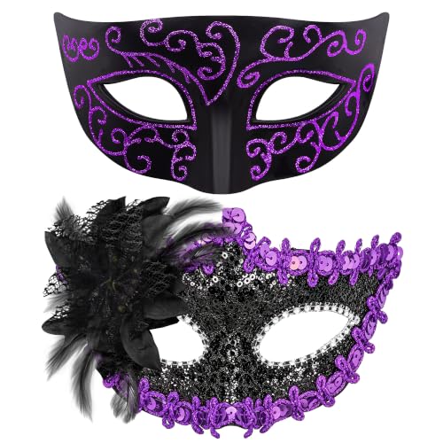 SIQUK Couple Masquerade Masks Set Venetian Party Mask Costume Mask - color: Black & Violet Sequins
