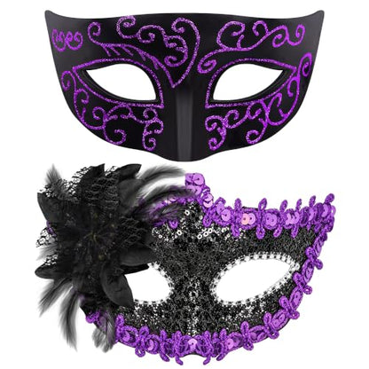 SIQUK Couple Masquerade Masks Set Venetian Party Mask Costume Mask - color: Black & Violet Sequins