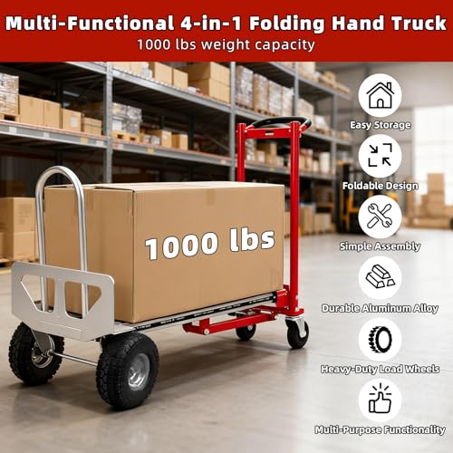 Aluminum 4 in 1 Convertible Hand Truck Dolly, 1000Lbs Capacity, Heavy Duty Folding Hand Truck Dolly Cart with Wheels 10" All-Terrain Tires, Hand Trucks for Logistics, Home, Office, School, Red - color: Red