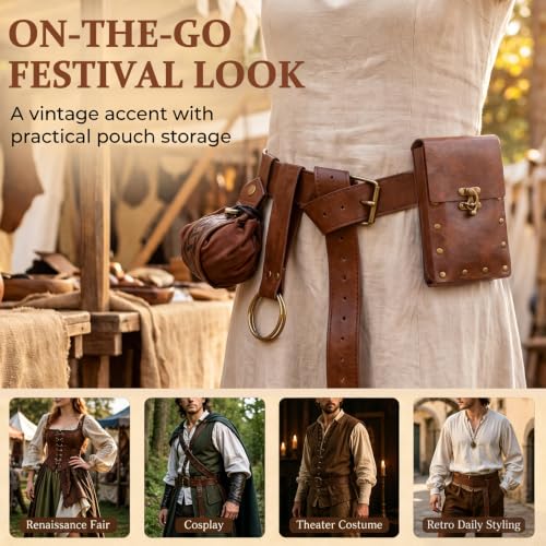 Renaissance Belt Pouch Set, Medieval Viking Pirate Leather Bag, Steampunk Waist Bag Skirt Hike Set, Halloween Cosplay Costume Accessories for Men Women (Brown) - color: Brown