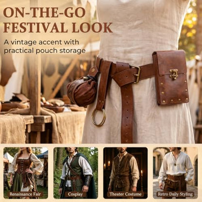 Renaissance Belt Pouch Set, Medieval Viking Pirate Leather Bag, Steampunk Waist Bag Skirt Hike Set, Halloween Cosplay Costume Accessories for Men Women (Brown) - color: Brown