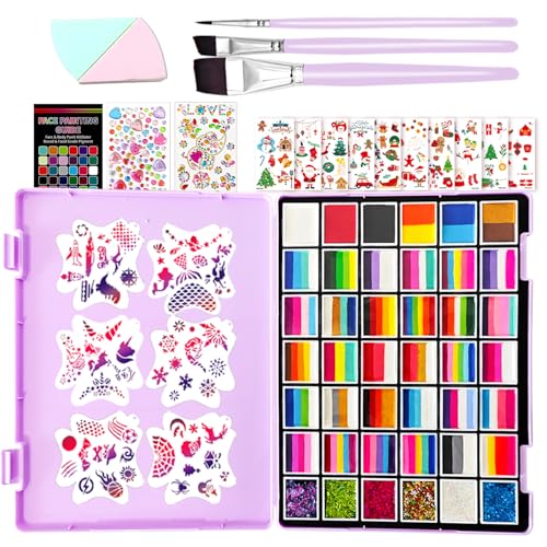 146 Colors Professional Face Painting Kit for Kids & Adults, Non Toxic Water Based Split Cake Face Paint Palette 36 x 10gm + 6 Sequins Gels,One Stroke Rainbow Body Paint Set for Halloween & Christmas - color: Rainbow Sparkle Set