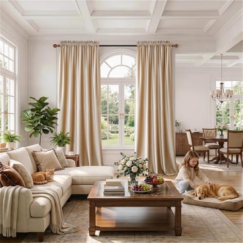 Champagne Beige Velvet Curtains 108 inches for Living Room Luxury Room Darkening Curtain Elegant Bedroom Thermal Insulated Modern Heavy Thick Soft Soundproof Rod Pocket Window Drapes Set of 2 Panels - color: Beige/Champagne, size: 52"W x 108"L (Pack of 2)