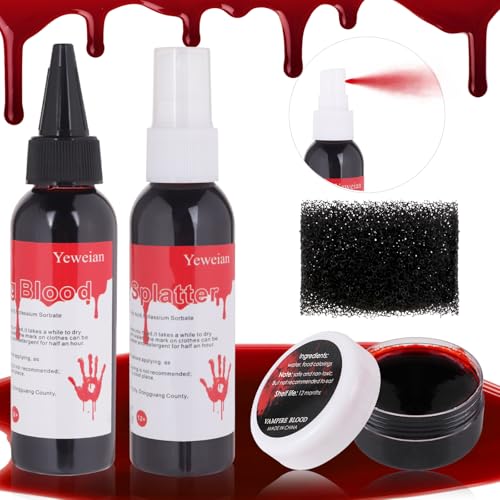 4PCS Fake Blood Makeup Kit, Washable Fake Blood Spray 2.1oz, Dripping Blood 2.1oz, Coagulated Blood 1.06oz and One Stipple Sponge, Halloween SFX Makeup for Zombie,Vampire and Monster Cosplay - color: Fake Blood Makeup Kit (4 Pieces)