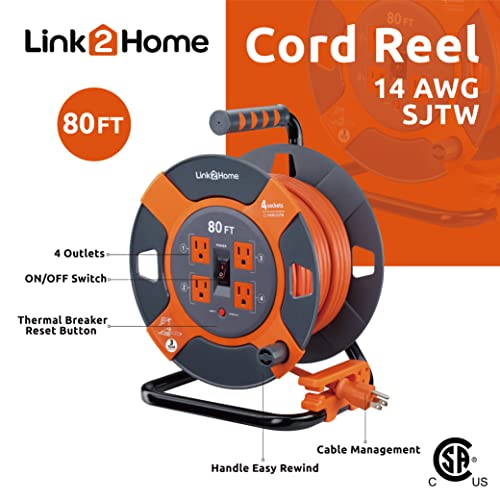 Link2Home 80 Ft. Extension Cord Reel, 4 Power Outlets, 14 AWG SJTW | Heavy-duty cable, high-visibility jacket, ideal for job sites and garages - size: 80 feet
