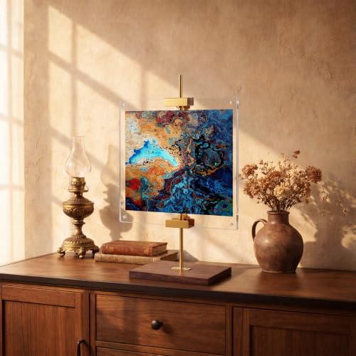 RattanView Adjustable Tabletop Easel Stand with Clear Acrylic Floating Photo Frame Set 16.5" Metal Picture Easel Display Stand for Picture, Art, Photos, Poster, Signs(Gold,Wooden Base) - color: Gold