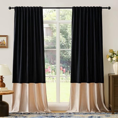 Luxury Black Beige Velvet Blackout Curtains 63 inches for Living Room - color: Black & Champagne, size: 52"W x 63"L (Pack of 2)