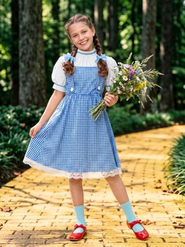 Girls Halloween Blue Gingham Costume | Multi-Piece Set, Book Character Style, Adjustable Front Straps, Puff-Sleeve Dress - color: Blue White (5 Pcs), size: 8 Years