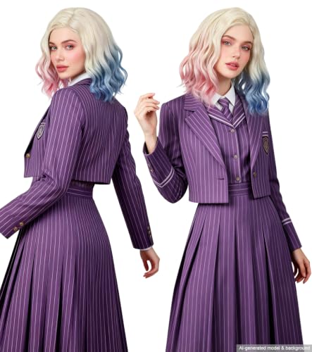 Pink Blue Ombre Blonde Bob Wig, Short Wavy Cosplay Wig for Women | Shoulder-length synthetic wig with pink blue highlights for Halloween cosplay, costume parties, anime events, and dress-up - color: Pink Blue