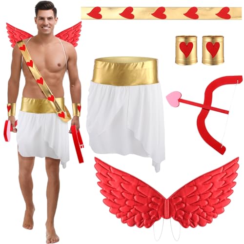 Cozypower 7 Pcs Halloween Cupid Costume Adult Wings Arrow Sash | Include Wings Arrow Bow Wrist Cuffs Body Sash Kilt for Halloween Dress Up - color: Red, size: X-Large
