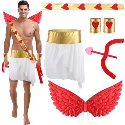 Cozypower 7 Pcs Halloween Cupid Costume Adult Wings Arrow Sash | Include Wings Arrow Bow Wrist Cuffs Body Sash Kilt for Halloween Dress Up - color: Red, size: X-Large
