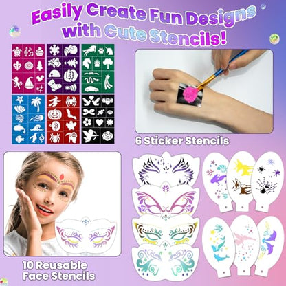 26 Colors Face Painting Kit, Oil-Based Face & Body Paint Palette | Complete Face Paint Kit with Brushes, Stencils, Glitter & Gems for Halloween, Parties, Festivals, Cosplay and Creative Events - color: 26 Colors