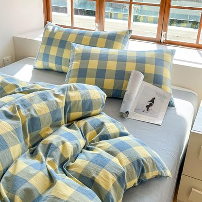 FACE TWO FACE Bedding Duvet Cover Set100% Washed Cotton Duvet Cover Linen Like Textured Breathable Durable Soft Comfy (Twin, Blue Yellow Grid) - color: Blue Yellow Grid, size: Twin