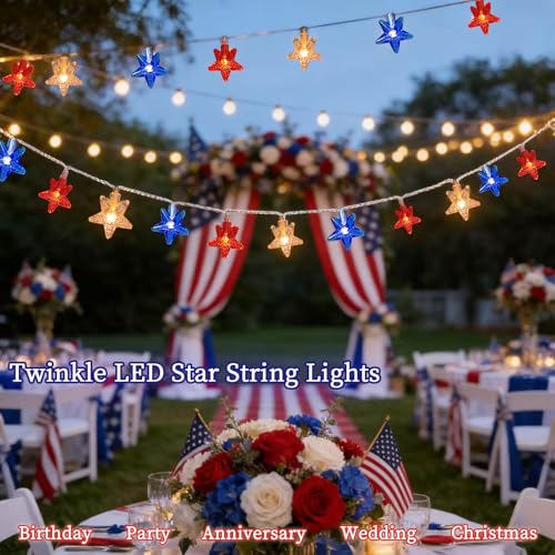 Red White Blue Patriotic String Lights 20FT 40 LED Star Fairy Lights USB and Battery Operated 2 Lighting Modes IP42 Waterproof Indoor Outdoor All Season Americana Decor for Bedroom Desk Patio Camping - style: 4th of July Lights