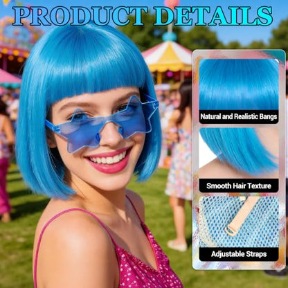 Short Bob Straight Hair Wigs with Bangs, Heat Resistant Fiber Hair, Star-shaped Glasses for Women (Sky Blue) - color: Sky Blue