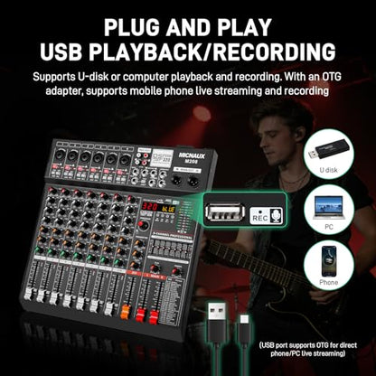 Audio Mixer 8 Channel Professional Sound Console Music Mixer with 320 DSP Effects, 7-band EQ DJ Mixing Board w/USB, Bluetooth, 48V Power Supply, PAD Button for Recording Karaoke PA Drum Live - size: 8 Channel - 13.3in