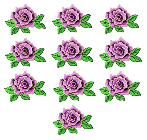 10 Pieces 3D Rose Embroidered Patch Flower Sew on Patches Applique Sewing Crafts Kit for Clothes Jeans Jackets Bags DIY Embellishments Decorations (Purple) - color: Purple