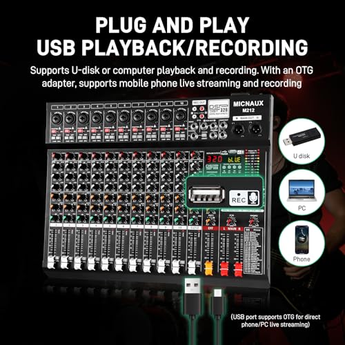 Audio Mixer 12 Channel Professional Sound Console Music Mixer with 320 DSP Effects, 7-band EQ DJ Mixing Board w/USB, Bluetooth, 48V Power Supply, PAD Button for Recording Karaoke PA Drum Live - size: 12 Channel - 17.4in