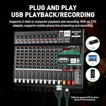 Audio Mixer 12 Channel Professional Sound Console Music Mixer with 320 DSP Effects, 7-band EQ DJ Mixing Board w/USB, Bluetooth, 48V Power Supply, PAD Button for Recording Karaoke PA Drum Live - size: 12 Channel - 17.4in
