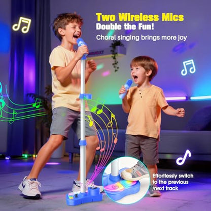 Stand Karaoke Machine Toy for Kids Ages 3-5 4-6 5-7 Birthday Gifts for 3 4 5 6 7 8 Year Old Boy, Kid Rechargeable Karaoke Microphone with 2 Wireless Mics, Bluetooth Speaker Toddlers Boys Party Toys - color: Blue