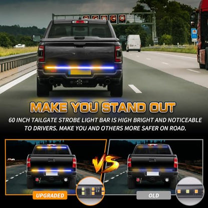 XRIDONSEN 48 inch 288 LED Tailgate Strobe Lights Rear Emergency Lights | Amber Blue Flashing Warning Hazard Caution Safety Light Strip for Tow Plow Trucks Construction Vehicles Pickup Trailer - color: Amber/Blue