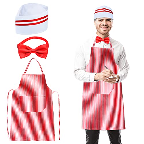 Keymall Waiter Costume Kit-Soda Jerk Costume Kit-Including 3 Pieces Hat Apron Bow Tie For Halloween 1950s Theme Costume - color: Set C