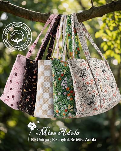 Miss Adola Quilted Shoulder Tote Bag with Zipper for Women | Multi-Pocket Storage, Quilted Cotton Texture, Large Capacity, Top Zipper Closure, 16 Inch Laptop Fit, Work Travel Teacher - color: Beige Checkered