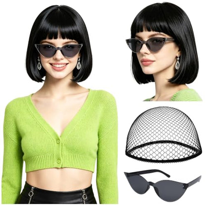 Short Bob Straight Hair Wigs with Bangs, Heat Resistant Fiber Hair, Cat Eye Glasses for Women (Black) - color: Black