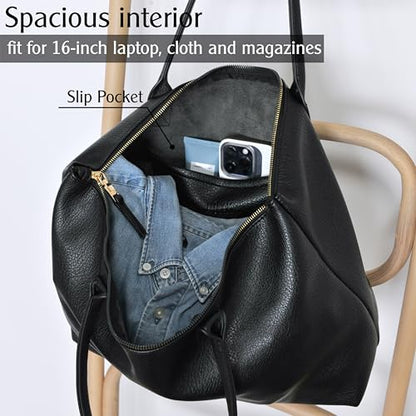 HOXIS Tote Bag for Women with Zipper Vegan Leather Handbag with Trolley Sleeve Travel Weekender Carryall Bag - color: Black
