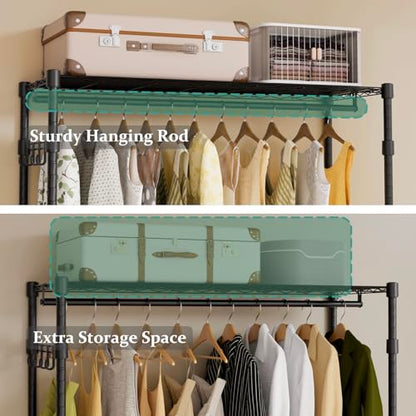 Heavy Duty Rolling Wheels Portable Metal Garment Rack, | 3 Tiers Wire Shelves Adjustable Freestanding Clothing Rack with Lockable Wheels, 47.2''L x 15.8''W x 78.8''H, Max Load 650LBS - color: Black, size: A2W: 3 Tiers with 2 Rods,47''L x 16''W x 79''H