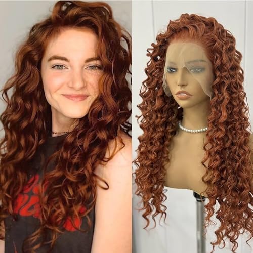 RONGDUOYI Ginger Long Curly Lace Wig Glueless Synthetic Lace Front Wigs For Women Heat Resistant Cosplay Orange 24Inch Long Deep Curl Wig Princess Merida Cosplay - color: Ginger Orange