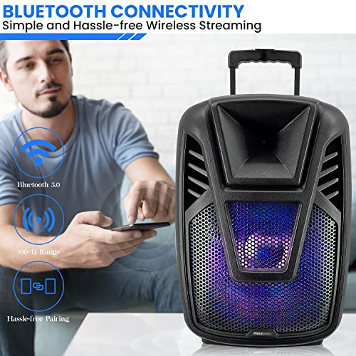 Pyle 15” Portable Bluetooth PA Speaker System - 800W Wireless Rechargeable Loudspeaker with LED Party Lights, Rolling Wheels, Built-in Amp, & Remote Control - Indoor/Outdoor Karaoke Machine (Black) - size: 15 inches