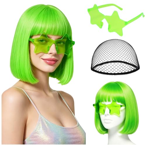 Short Bob Straight Hair Wigs with Bangs, Heat Resistant Fiber Hair, Star-shaped Glasses for Women (Fluorescent Green) - color: Fluorescent Green