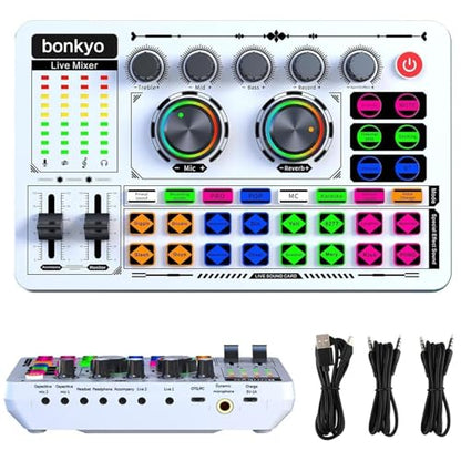 F999 White Live Streaming Sound Card, Professional Audio Mixer, Voice Changer Soundboard with Audio Interface, Bluetooth, Noise Reduction, DJ Mixer Board for Live/Podcasting/Gaming - color: White