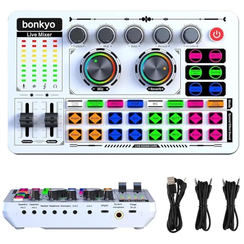 F999 White Live Streaming Sound Card, Professional Audio Mixer, Voice Changer Soundboard with Audio Interface, Bluetooth, Noise Reduction, DJ Mixer Board for Live/Podcasting/Gaming - color: White