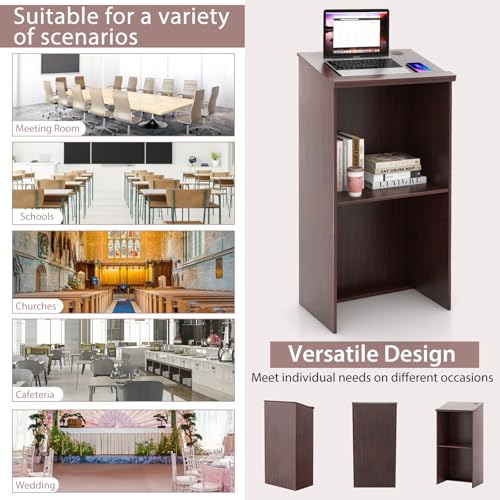 Tangkula Floor Standing Podium, Wooden Speaking Lectern Hostess Stand with 2-Tier Shelves & Dual Cable Holes, Standing Lectern Desk for Meeting Room, School, Churches, Auditorium, Classroom