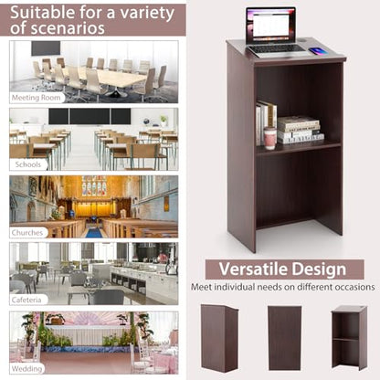 Tangkula Floor Standing Podium, Wooden Speaking Lectern Hostess Stand with 2-Tier Shelves & Dual Cable Holes, Standing Lectern Desk for Meeting Room, School, Churches, Auditorium, Classroom