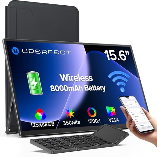 UPERFECT 15.6" 1080P Wireless Portable Monitor with Battery 8000mAh | Travel Monitor w/ Wireless Keyboard/Sleeve/Stand/VESA, External Second Screen for Laptop, PC, Phone, Support AirPlay Miracast - size: 15.6