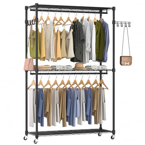 Heavy Duty Rolling Wheels Portable Metal Garment Rack, | 3 Tiers Wire Shelves Adjustable Freestanding Clothing Rack with Lockable Wheels, 47.2''L x 15.8''W x 78.8''H, Max Load 650LBS - color: Black, size: A2W: 3 Tiers with 2 Rods,47''L x 16''W x 79''H