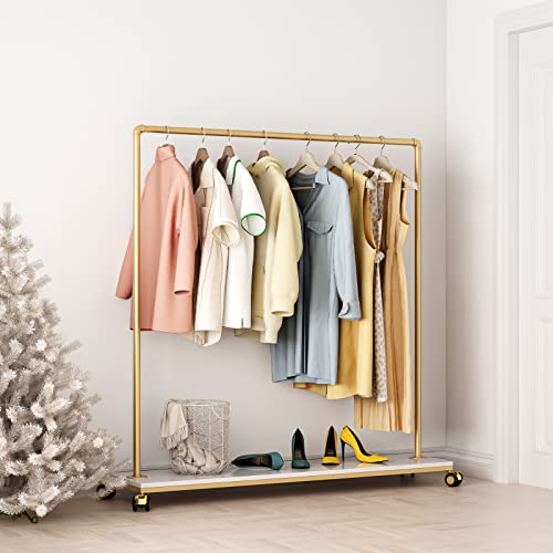 Gold Metal Clothing Rack with Wood Shelf, Heavy Duty Rolling Garment Rack with Wheels for Bedroom Retail Boutique Use (61L inches) - style: single-large