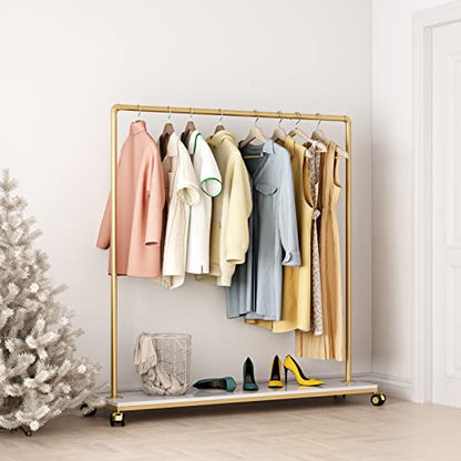 Gold Metal Clothing Rack with Wood Shelf, Heavy Duty Rolling Garment Rack with Wheels for Bedroom Retail Boutique Use (61L inches) - style: single-large