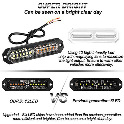 ASPL 8pcs Sync Feature Ultra Slim 12-LED Surface Mount Flashing Strobe Lights for Truck Car Vehicle LED Mini Grille Light Head Emergency Beacon Hazard Warning Lights (Amber/White) (Pack of 2) - color: Amber/White, size: 4.41L x 0.44W x 1.14H Inch (Pack of