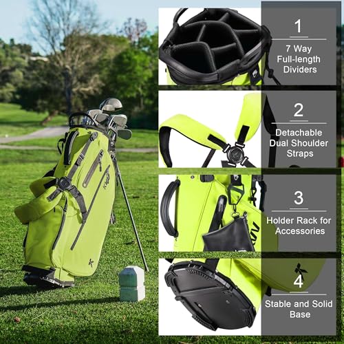 KVV Lightweight Golf Stand Bag with 7 Way Full-Length Dividers, 5 Zippered Pockets, Automatically Adjustable Dual Straps，Elegant Design - color: Lime