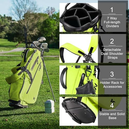 KVV Lightweight Golf Stand Bag with 7 Way Full-Length Dividers, 5 Zippered Pockets, Automatically Adjustable Dual Straps，Elegant Design - color: Lime